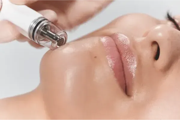 Facial treatment with a handheld device gliding over a woman’s cheek and chin