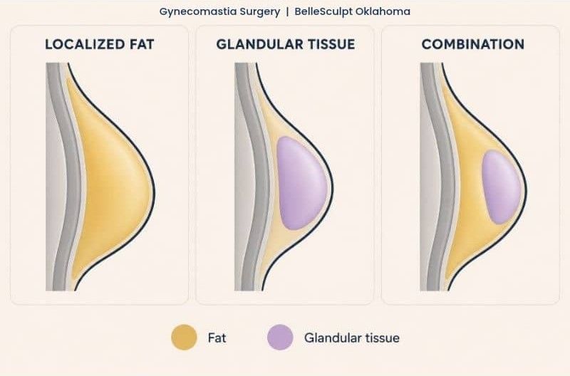 Illustration comparing chest fat and glandular tissue causes of gynecomastia
