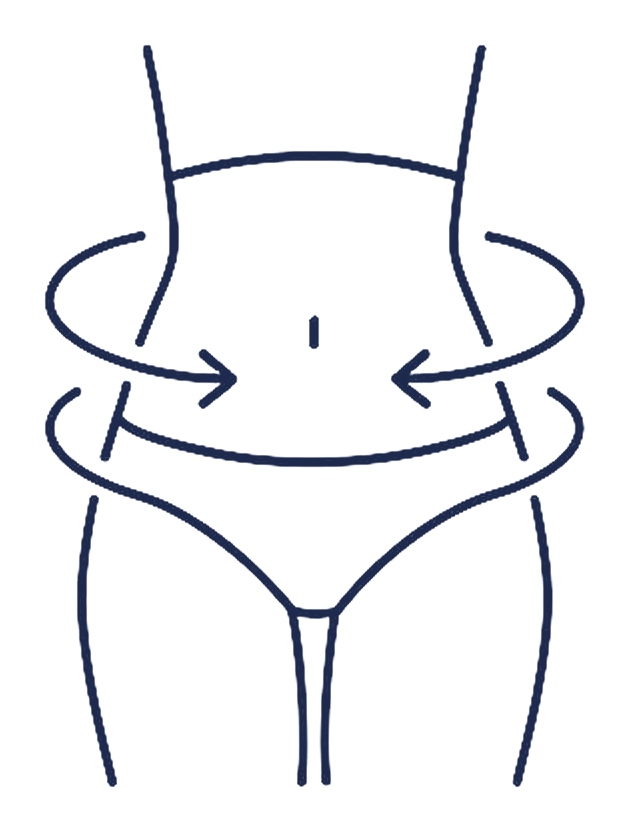 Line drawing of a torso with arrows circling the waist, indicating waist trimming or body contouring.