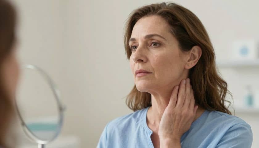 Woman in a blue top touching her neck while looking in a mirror, concerned expression.