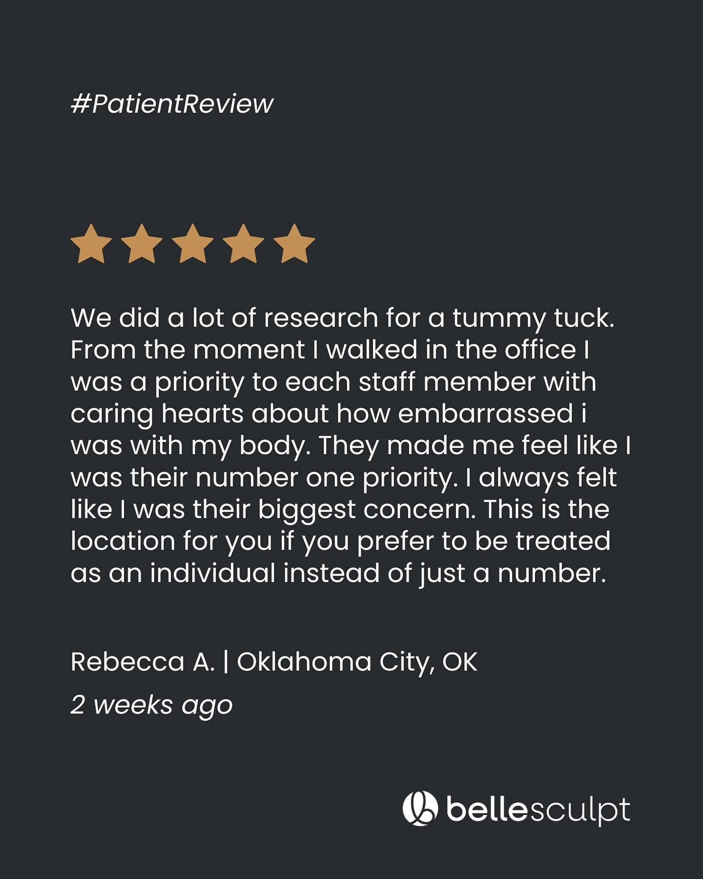 Patient review graphic with 5 gold stars and testimonial text on a dark background, Bellasculpt logo.