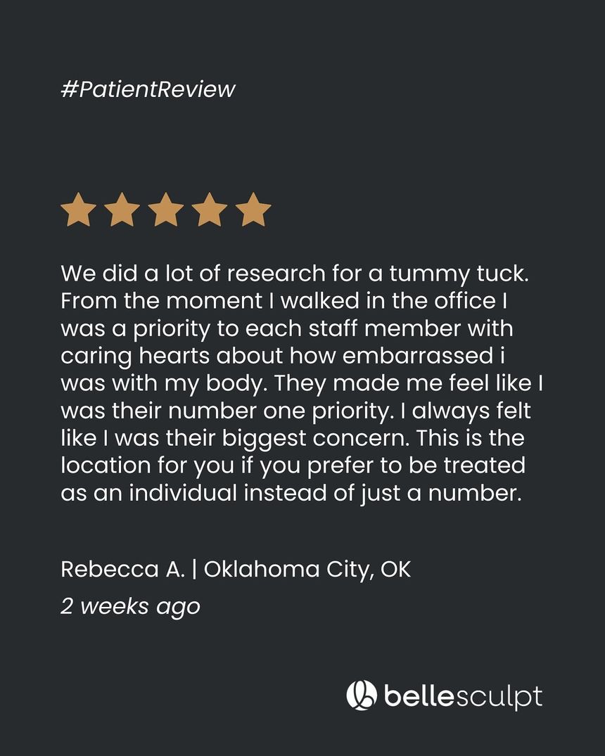 Patient review graphic with 5 gold stars and testimonial text on a dark background, Bellasculpt logo.