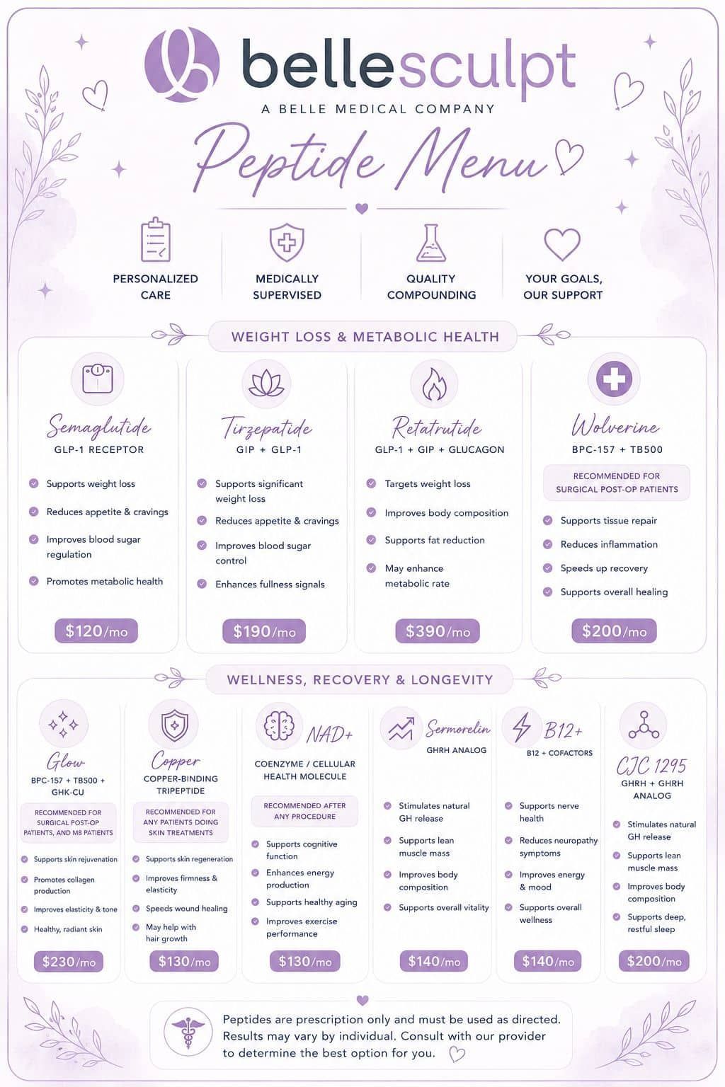 BelleSculpt “Peptide Menu” flyer with purple styling and service pricing panels