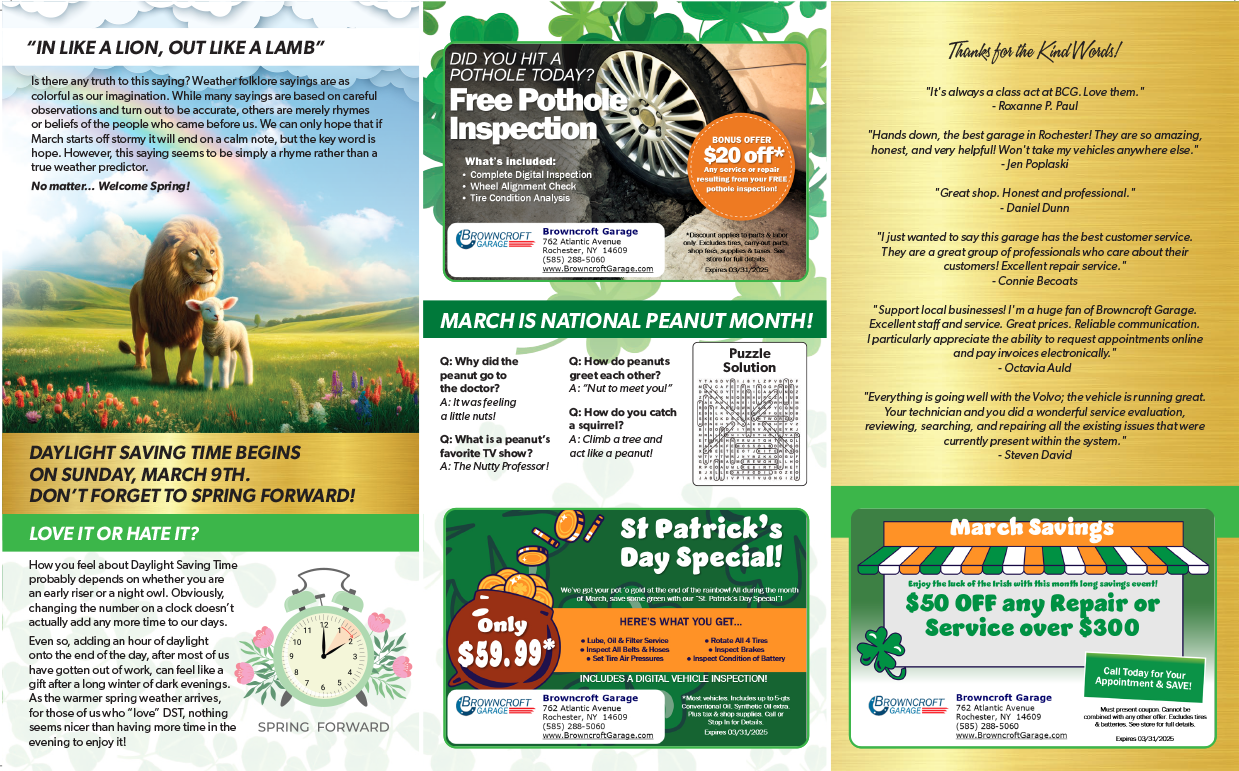 March 2025 Newsletter at Browncroft Garage in Rochester, NY