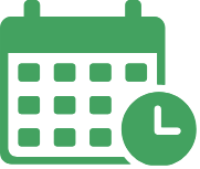 Green calendar icon with a clock, indicating scheduling or an upcoming event