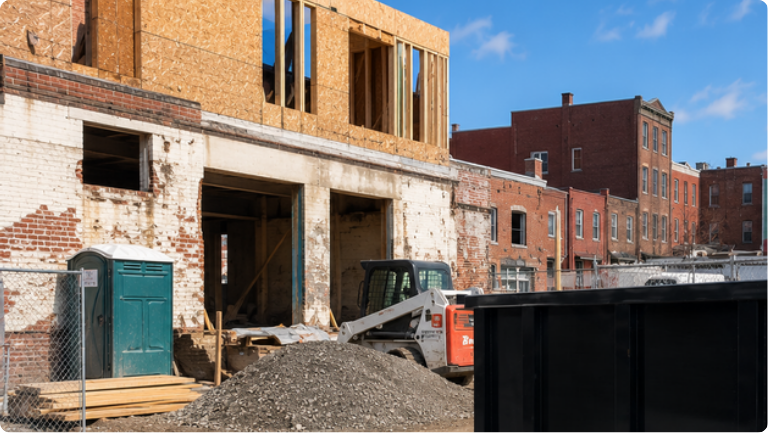 Construction site with a partially demolished brick building, debris pile, and dumpsters in front