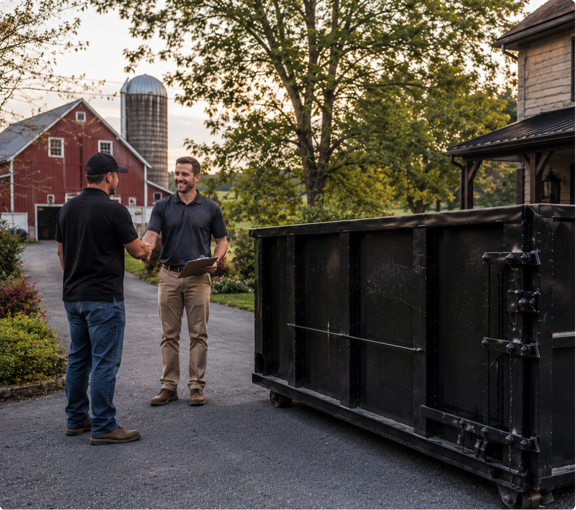 Two men talking beside a large black dumpster on a gravel drive near farm buildings at sunset