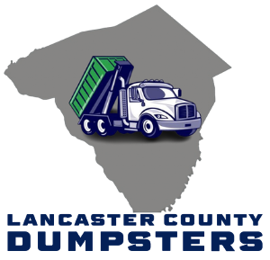 Lancaster County Dumpsters logo with white dump truck over gray county outline