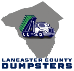 Lancaster County Dumpsters logo with white dump truck and green dumpster over Pennsylvania silhouette