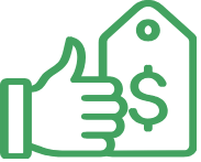 Green outline icon of a thumbs-up next to a price tag with a dollar sign and coin