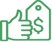 Green outline icon of a hand giving thumbs up beside a price tag with a dollar sign