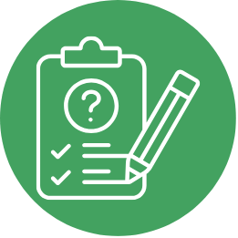 Green circle with a white clipboard, question mark, checkmarks, and pencil icon