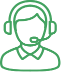 Green outline icon of a customer support agent wearing a headset and microphone