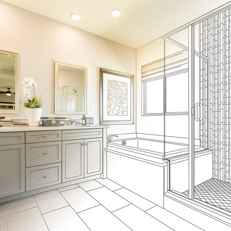 A split view of a bathroom, featuring a finished cabinet and sink on the left and a line drawing sketch of a tub on the right.