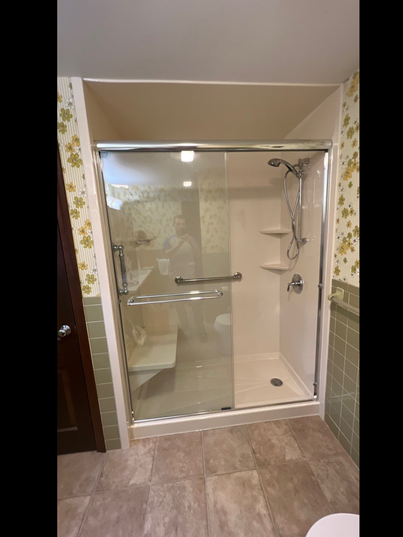modern walk in master shower white with large seat