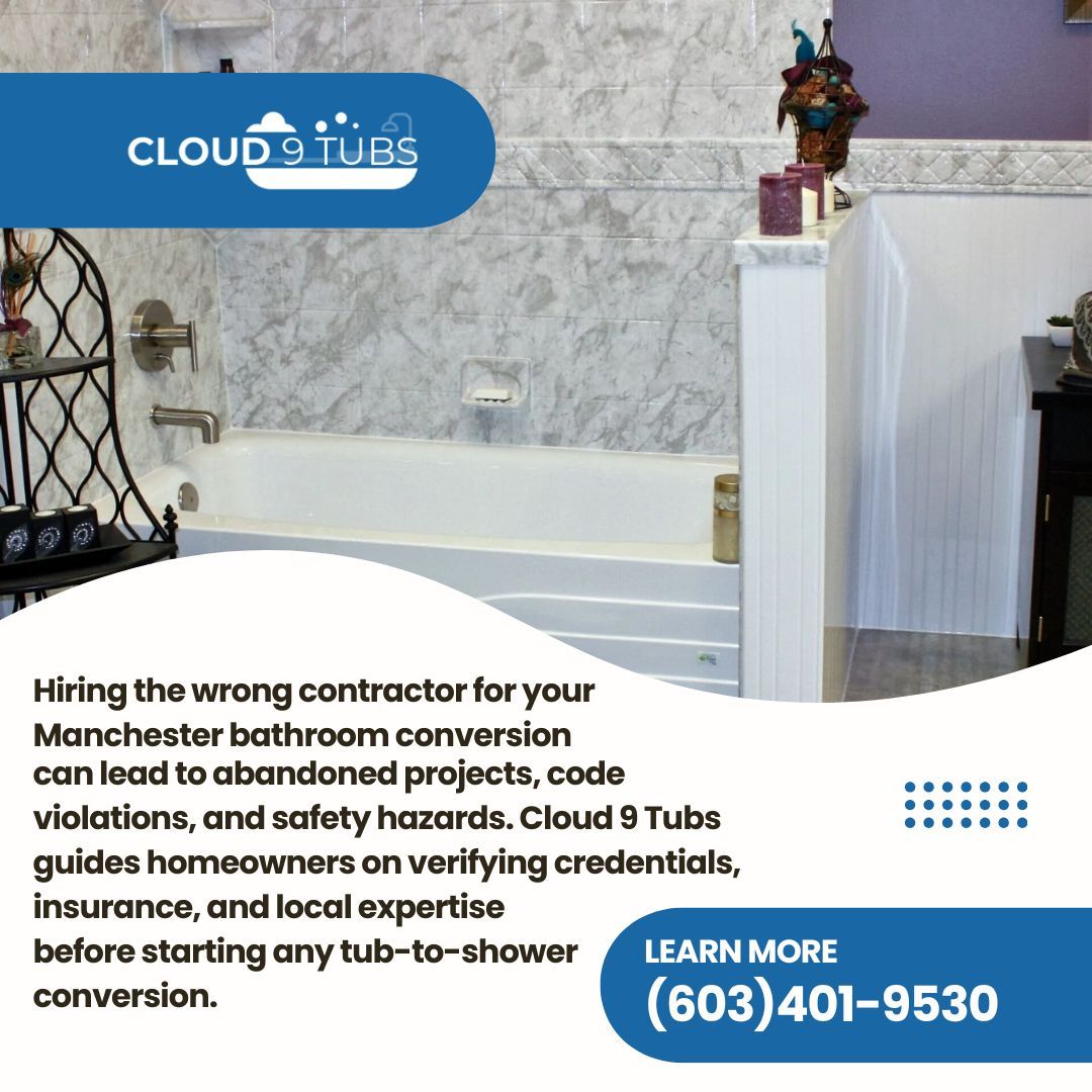 An advertisement for Cloud 9 Tubs showing a bathroom with a tub and shower, including text on safe contractor hiring.