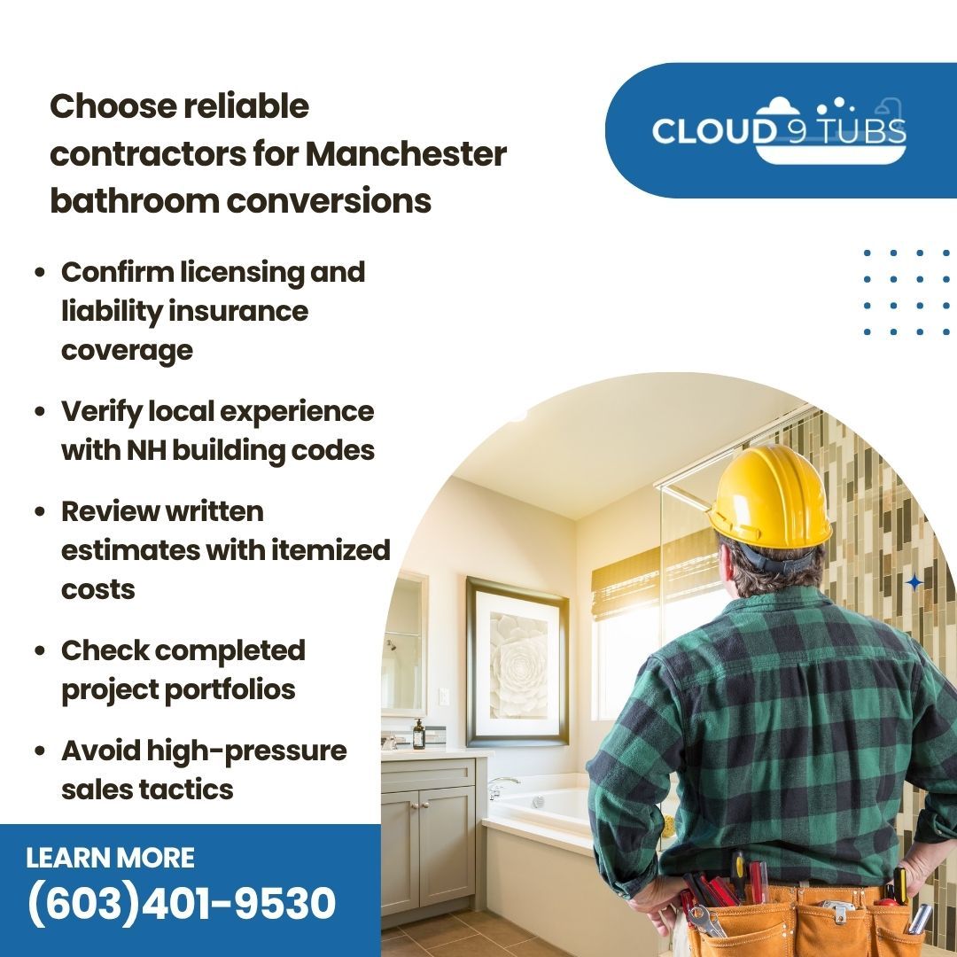 A contractor wearing a yellow hard hat and tool belt stands in a bathroom, next to advice for hiring renovation pros.