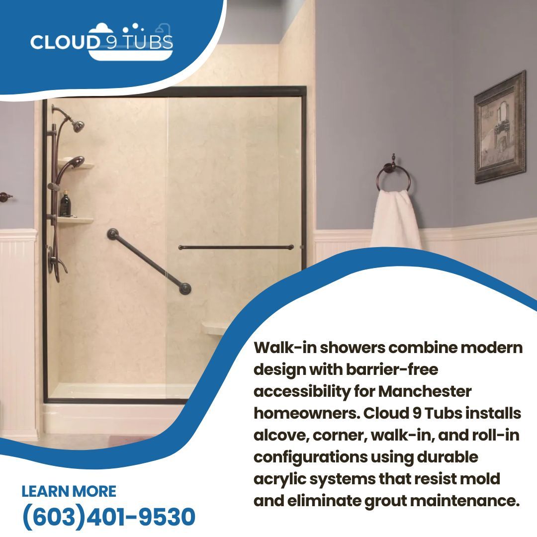 A modern walk-in shower with a safety grab bar and glass door. Text promotes Cloud 9 Tubs bathroom remodeling services.