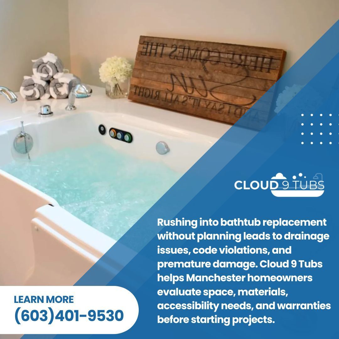 A walk-in tub with water and a sign in a bathroom, with text promoting Cloud 9 Tubs bathroom renovation services.