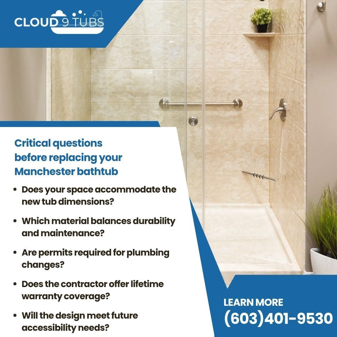 A Cloud 9 Tubs ad showing a walk-in shower with the text: Critical questions before replacing your Manchester bathtub.