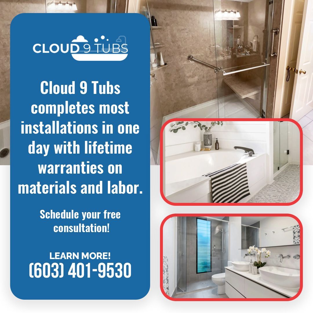 A Cloud 9 Tubs ad promoting one-day installations with lifetime warranties, featuring three bathroom remodel photos.