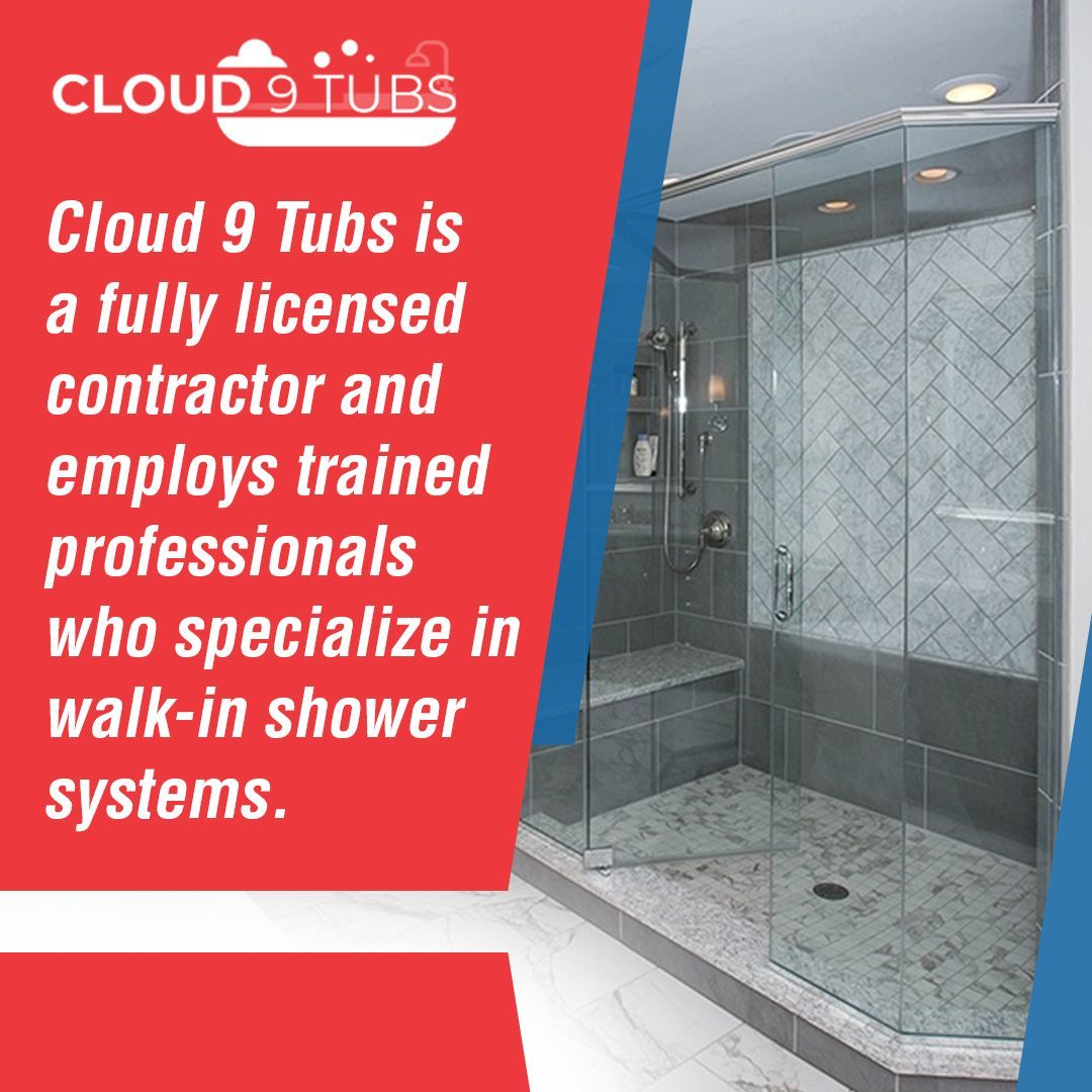 Text ad for Cloud 9 Tubs showcasing a modern walk-in shower with grey tiles and a herringbone wall pattern.