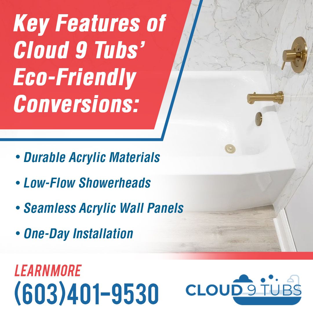An advertisement for Cloud 9 Tubs showing a white bathtub with gold fixtures, listing benefits and a phone number.