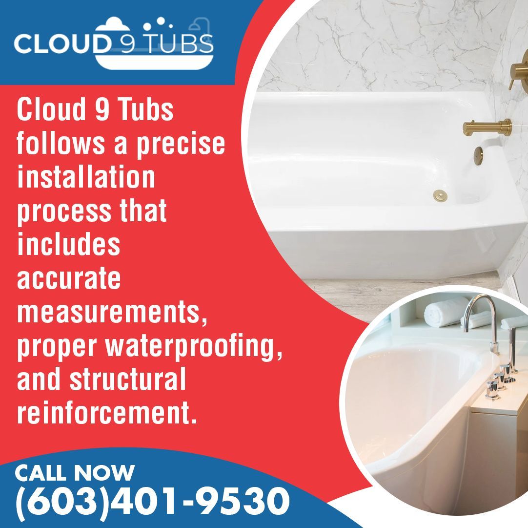 Promotional graphic for Cloud 9 Tubs featuring two white bathtubs, red and blue branding, and phone number (603)401-9530.