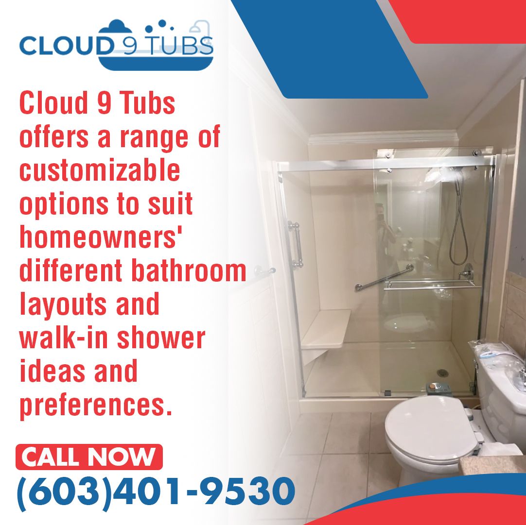 A bathroom with a glass-enclosed walk-in shower and a toilet, with text advertising Cloud 9 Tubs and a phone number.