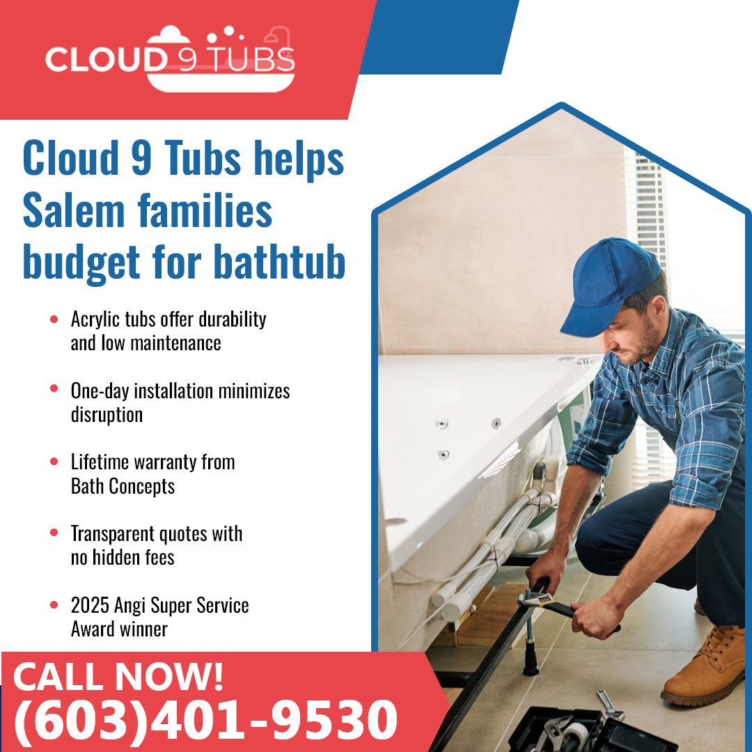 Advertisement for Cloud 9 Tubs featuring a technician installing a bathtub, with contact info and service benefits.