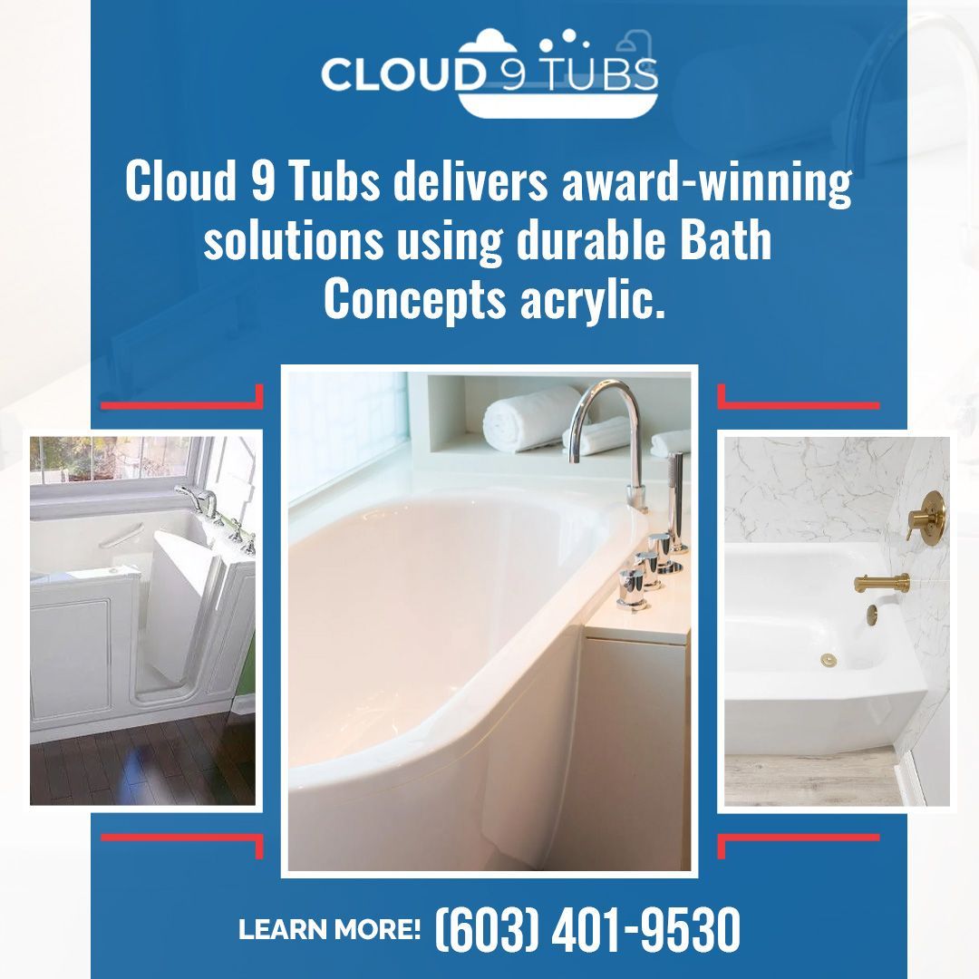 Cloud 9 Tubs ad showcasing three bathroom tub styles with the company name, phone number, and mention of acrylic materials.