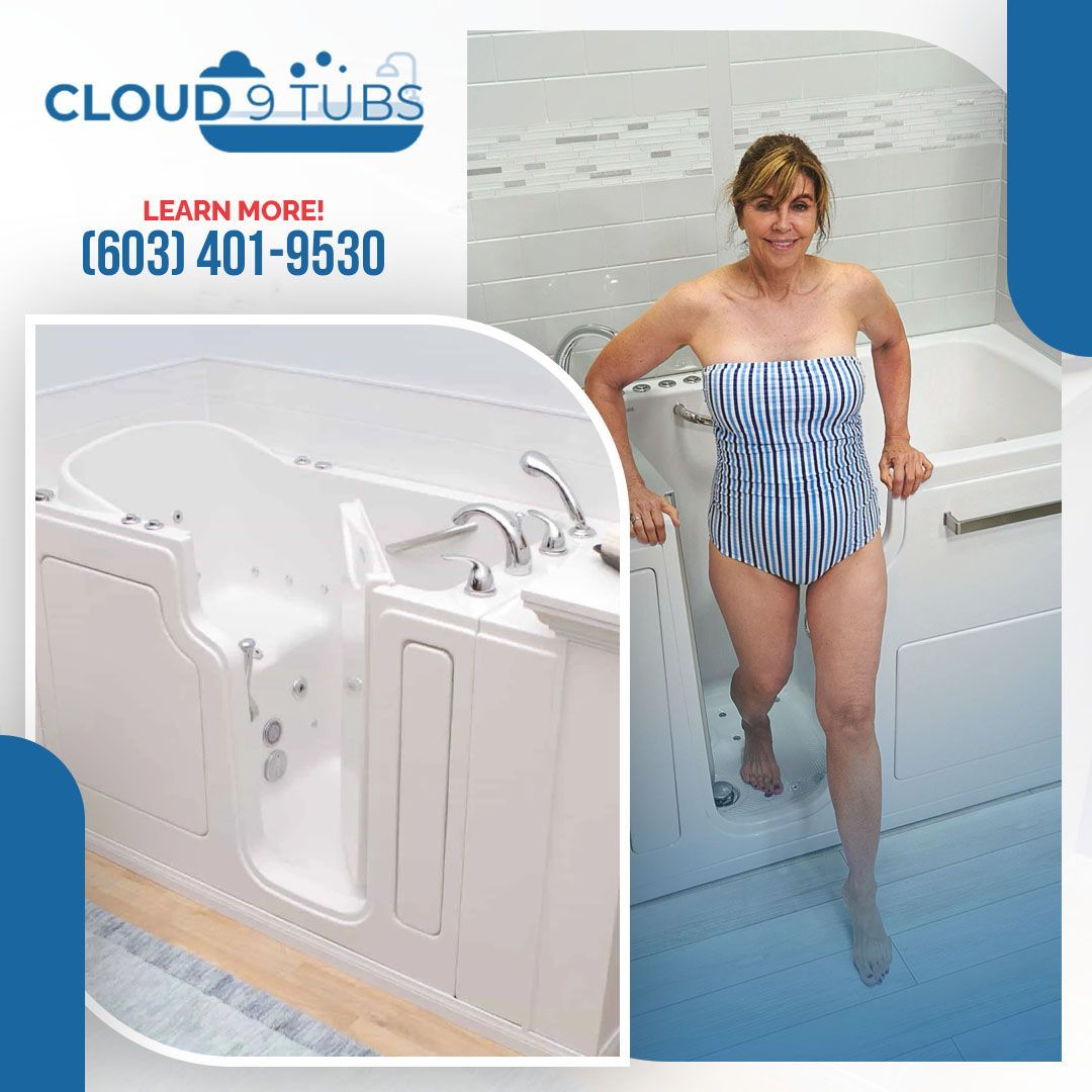 A white walk-in tub with a door and handrails, alongside a person exiting the tub. Text includes