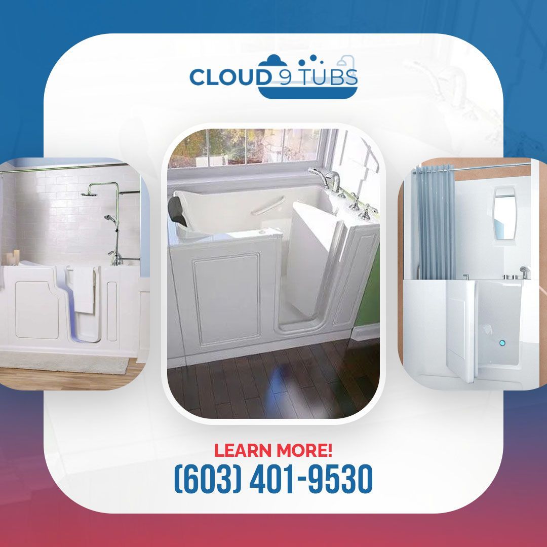 Advertisement for Cloud 9 Tubs showing three different walk-in bathtub models with contact number (603) 401-9530.