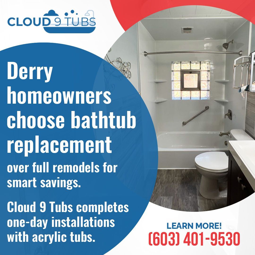 A Cloud 9 Tubs ad promoting bathtub replacement in Derry, featuring a renovated bathroom with an acrylic tub.