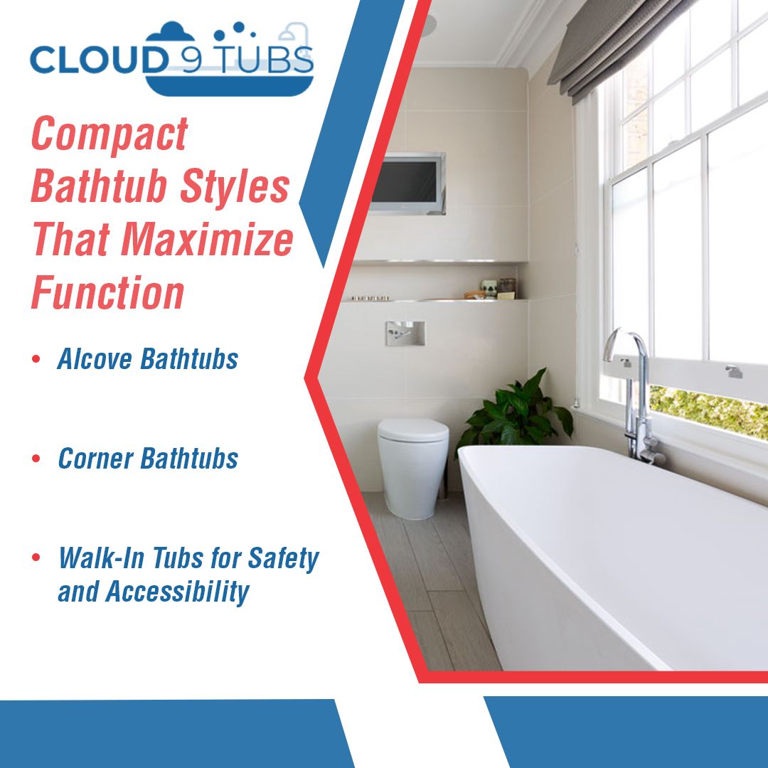 A Cloud 9 Tubs ad listing compact bathtub styles: alcove, corner, and walk-in tubs, next to a modern bathroom interior.