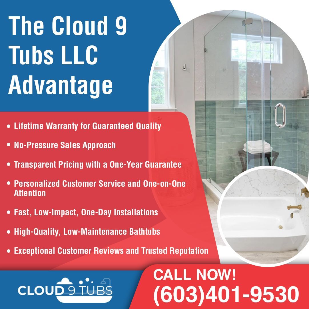 A Cloud 9 Tubs LLC ad listing service benefits and a phone number next to images of a modern walk-in shower and bathtub.