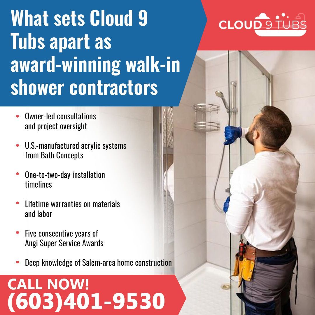 An advertisement for Cloud 9 Tubs showing a worker installing a walk-in shower. Includes service points and contact info.