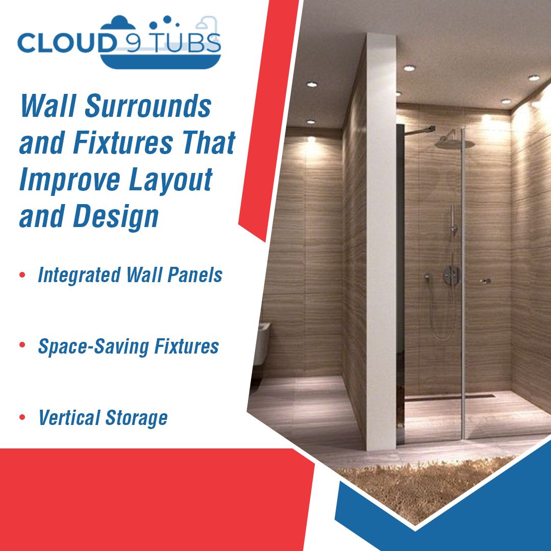A Cloud 9 Tubs advertisement featuring a modern walk-in shower with wood-patterned wall panels and minimalist fixtures.