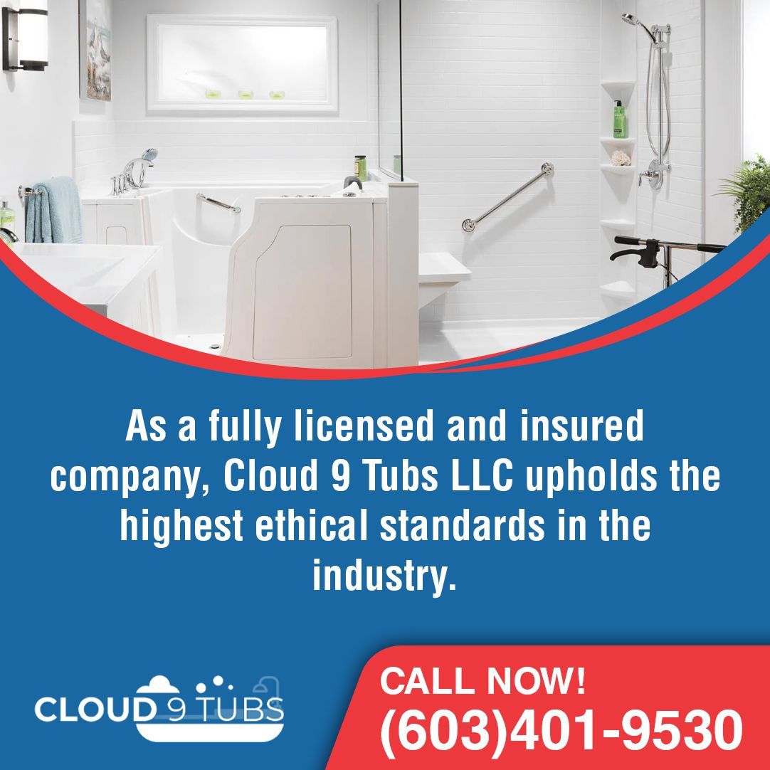Advertisement for Cloud 9 Tubs showing a walk-in bathtub and shower with contact info: (603) 401-9530.