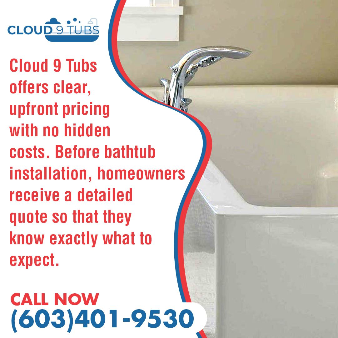 An advertisement for Cloud 9 Tubs featuring a white bathtub and chrome faucet with contact information: (603) 401-9530.