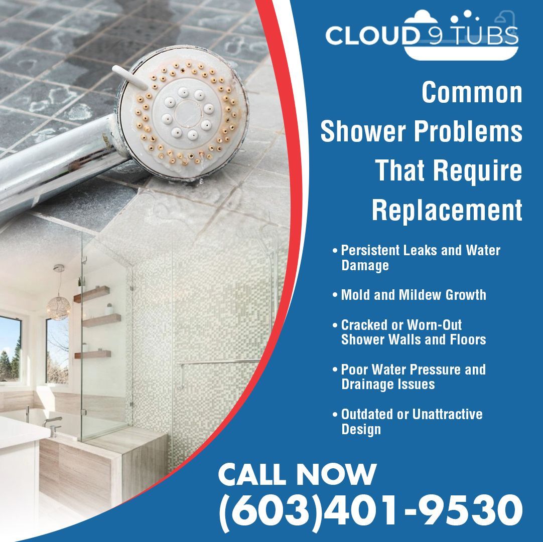 Cloud 9 Tubs ad listing reasons to replace a shower, including leaks, mold, and outdated design, with phone number (603)401-9530.