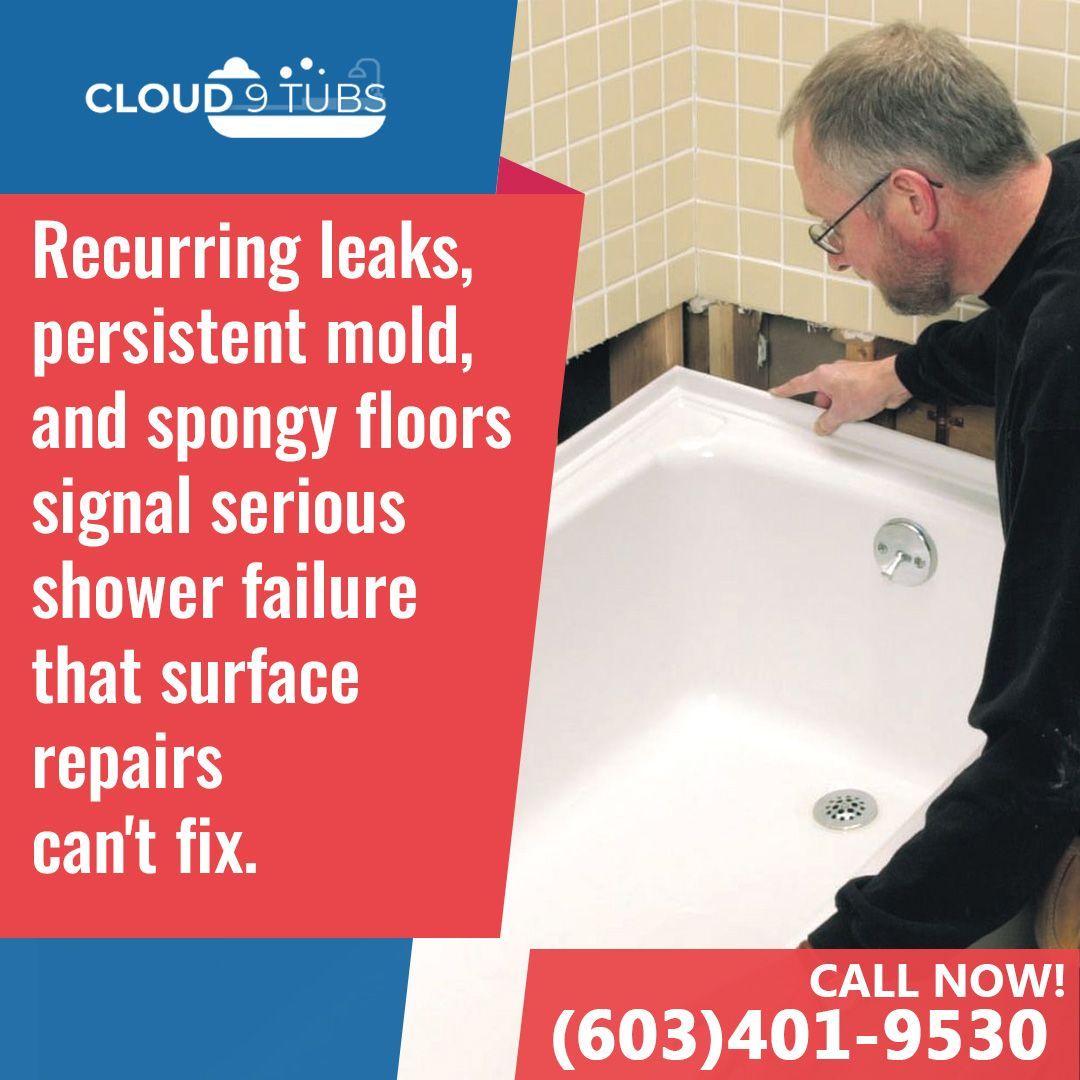 A contractor examines a shower unit. Text lists signs of shower failure and includes the company name and phone number.