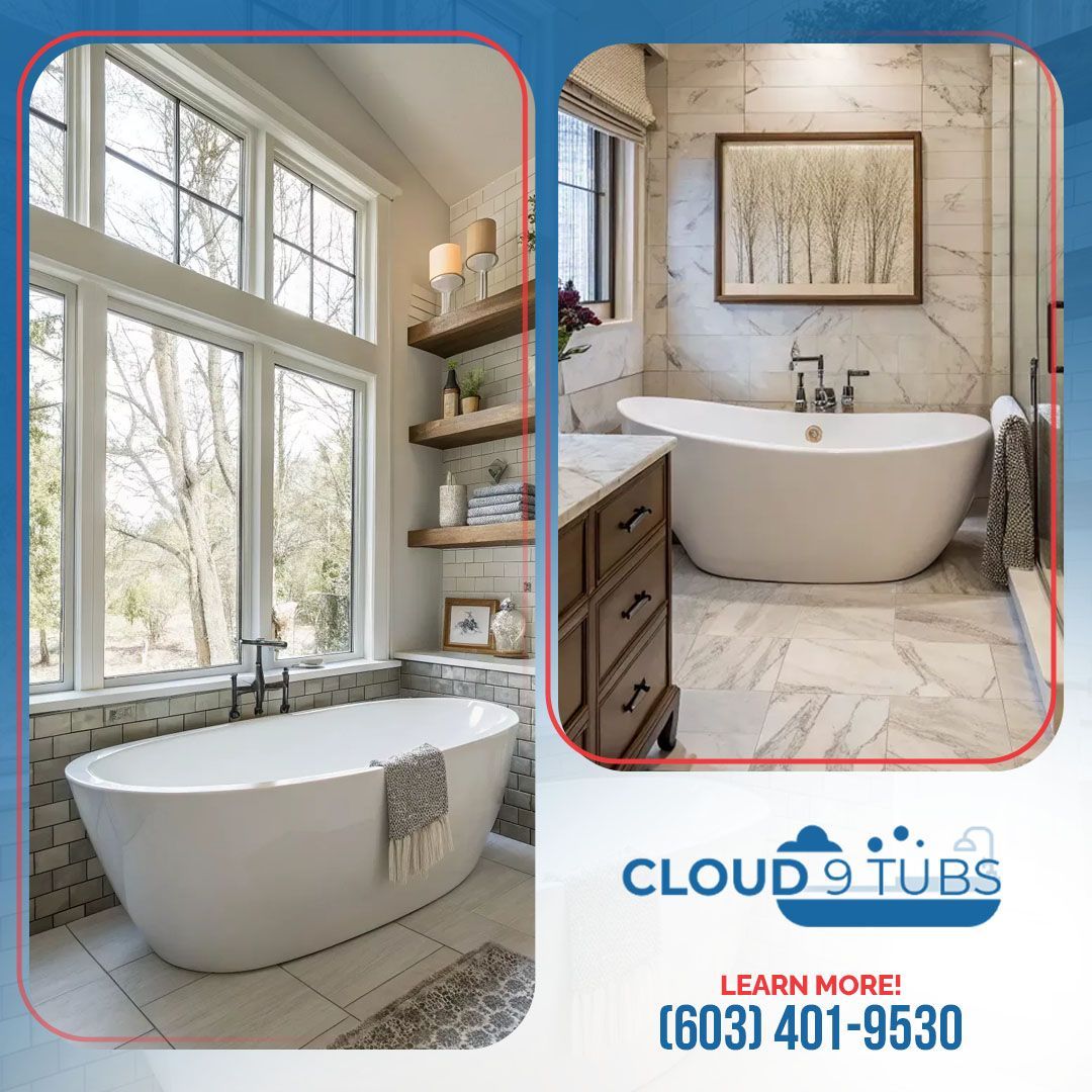 Two bathroom designs featuring white freestanding bathtubs, with the