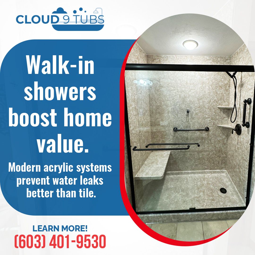 An ad for Cloud 9 Tubs featuring a modern walk-in shower with a glass door, grab bars, and a built-in seat. (603) 401-9530.