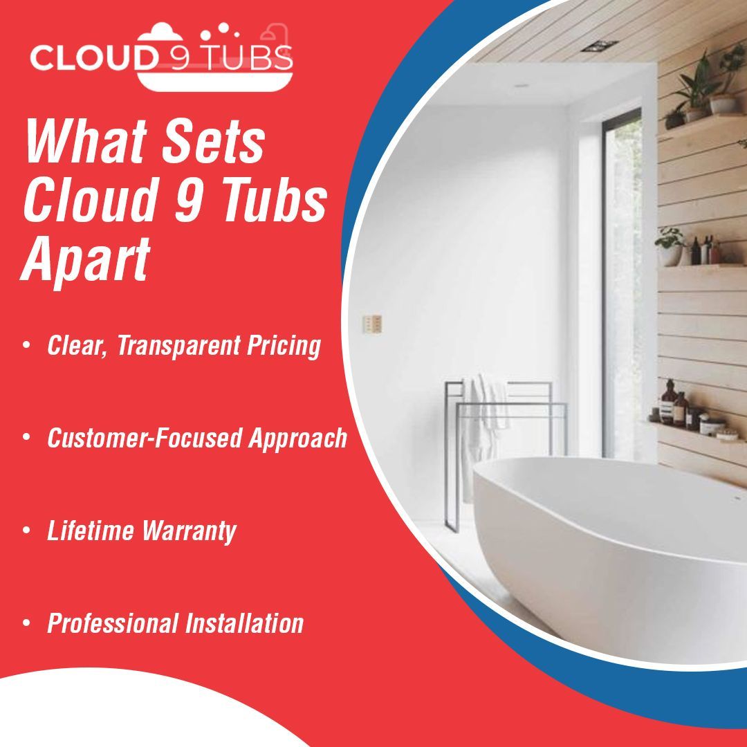 A Cloud 9 Tubs advertisement featuring a white bathtub in a modern bathroom alongside their key service benefits.