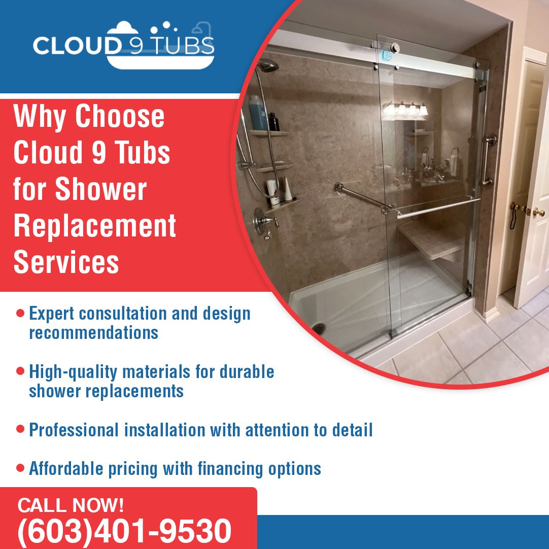Cloud 9 Tubs ad for shower replacement services featuring a photo of a glass-enclosed shower, plus phone number (603)401-9530.