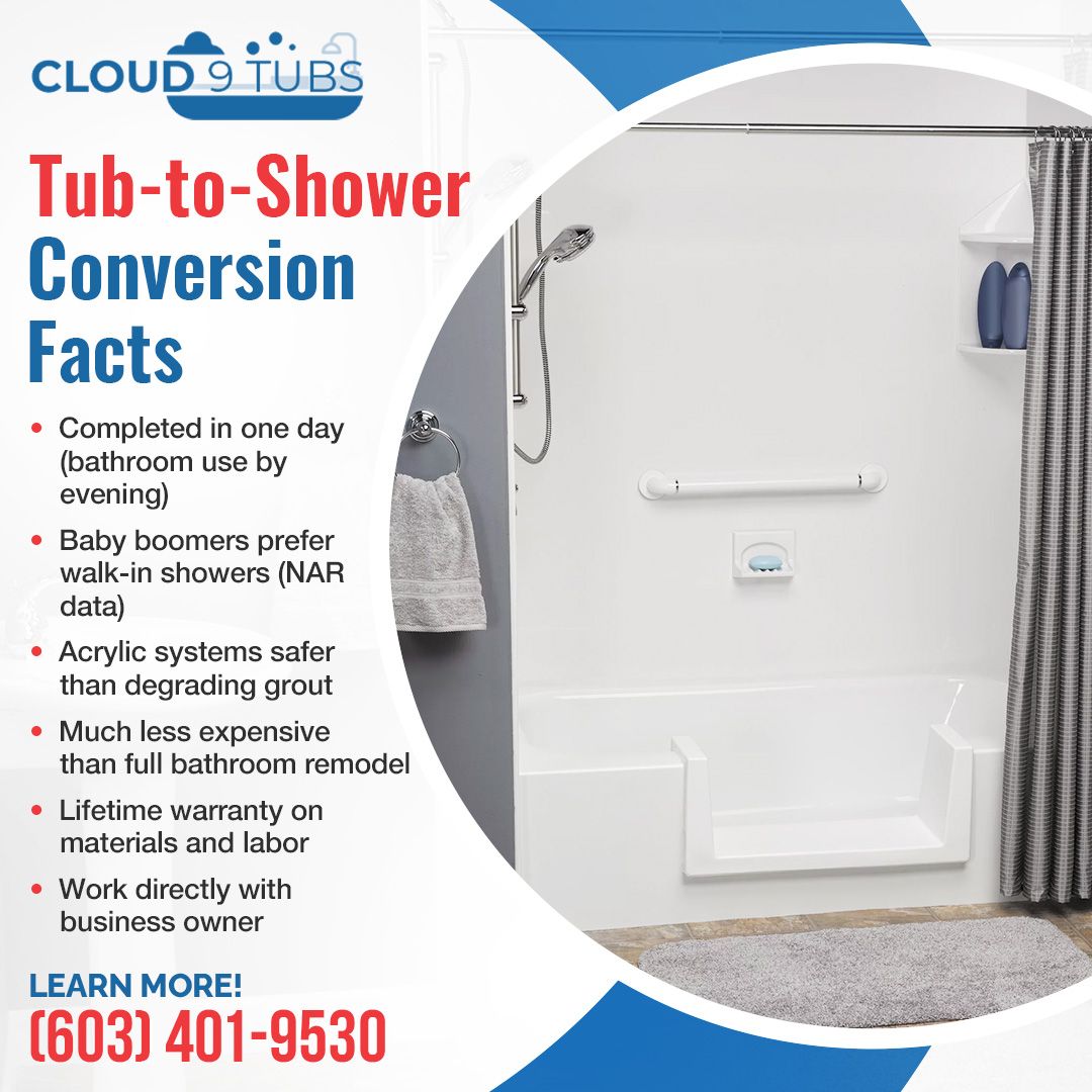 Cloud 9 Tubs ad listing benefits of a one-day tub-to-shower conversion with a photo of a walk-in shower and phone number.