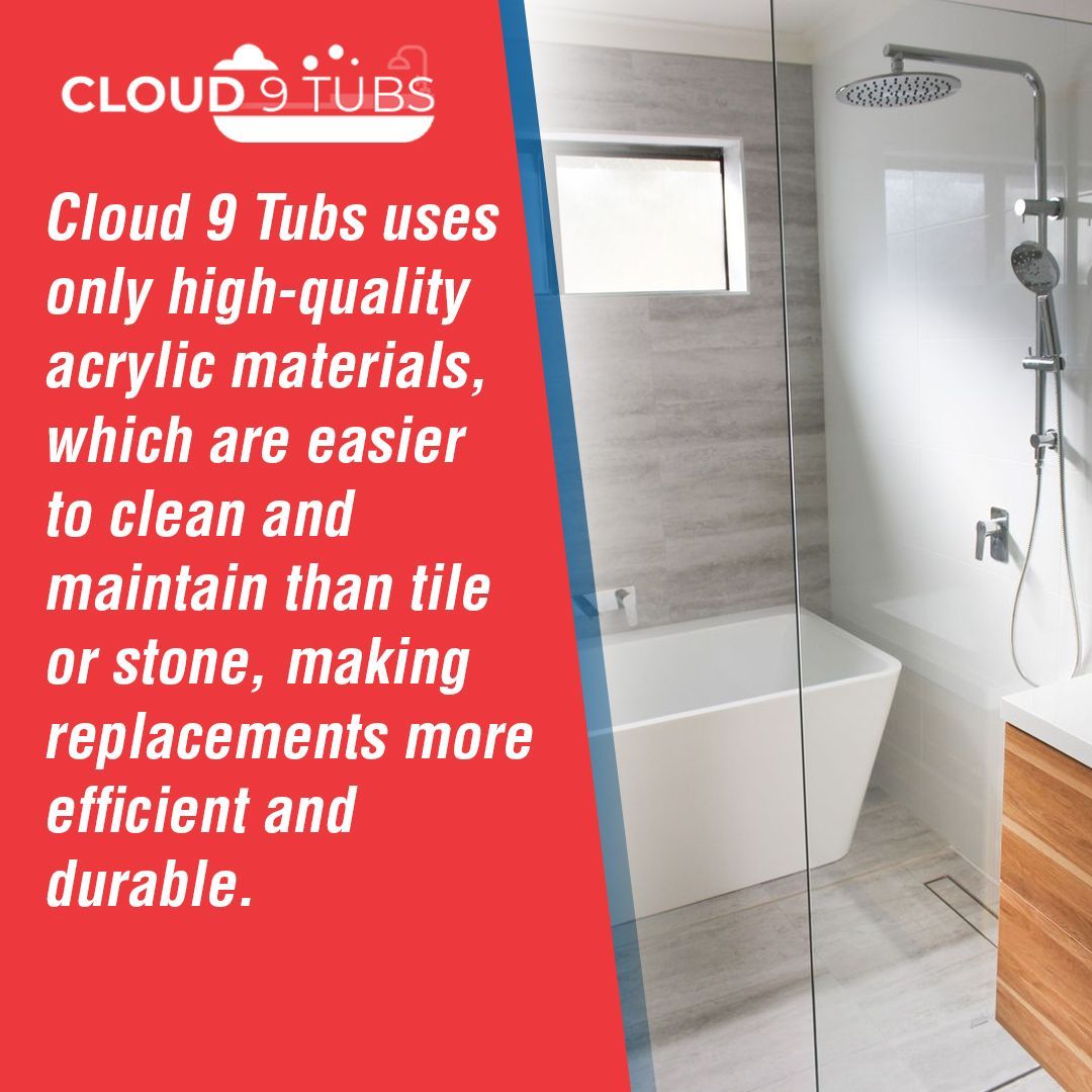 A Cloud 9 Tubs ad showing a modern, white acrylic bathtub and a glass-enclosed shower against a tiled bathroom wall.