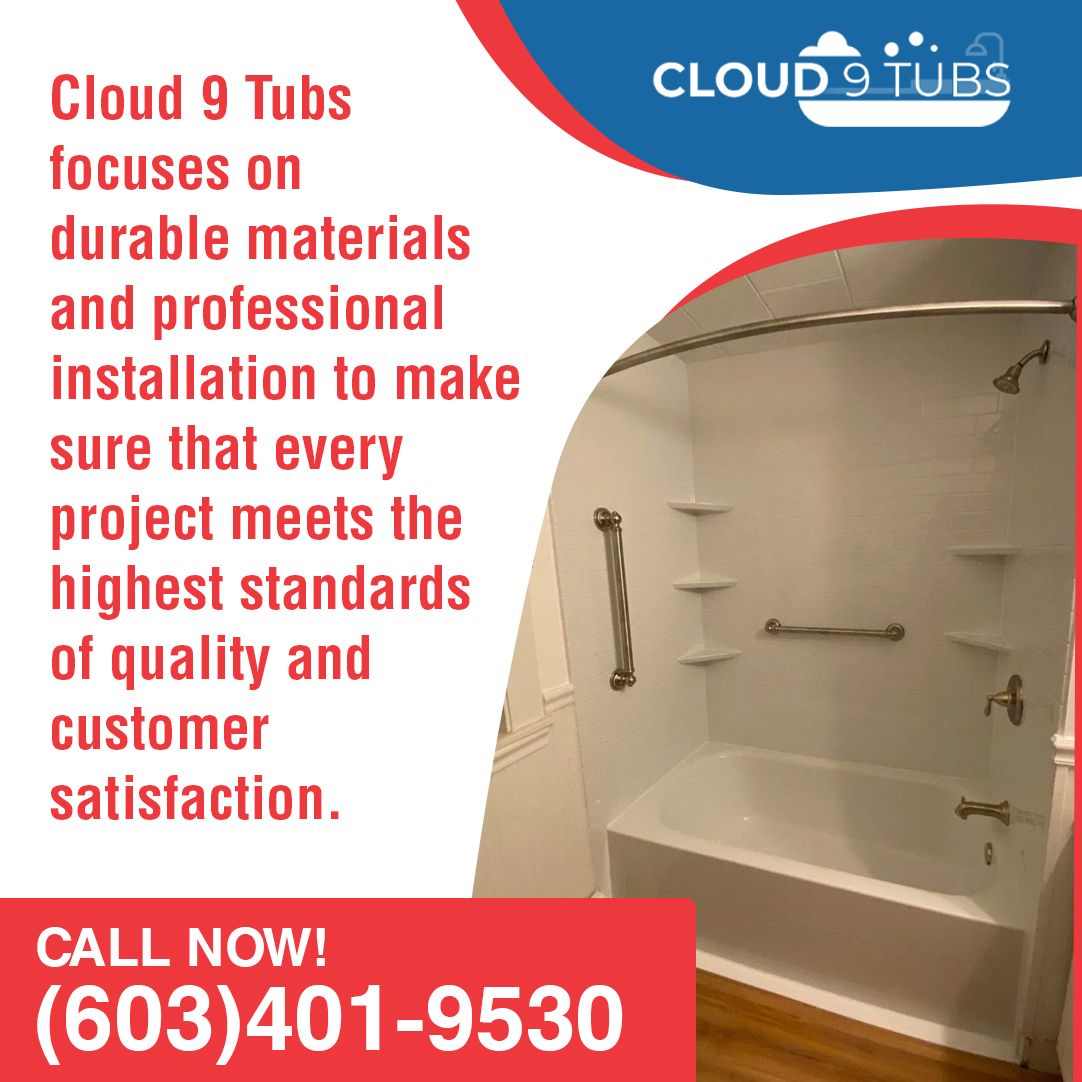 Advertisement for Cloud 9 Tubs featuring a white bathtub and shower unit with grab bars. Phone number: (603) 401-9530.