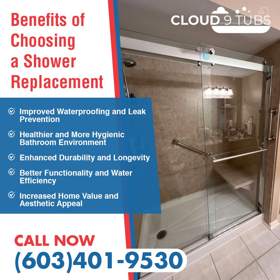 Advertisement for Cloud 9 Tubs showing a modern glass shower and listing benefits of a shower replacement; call (603)401-9530.